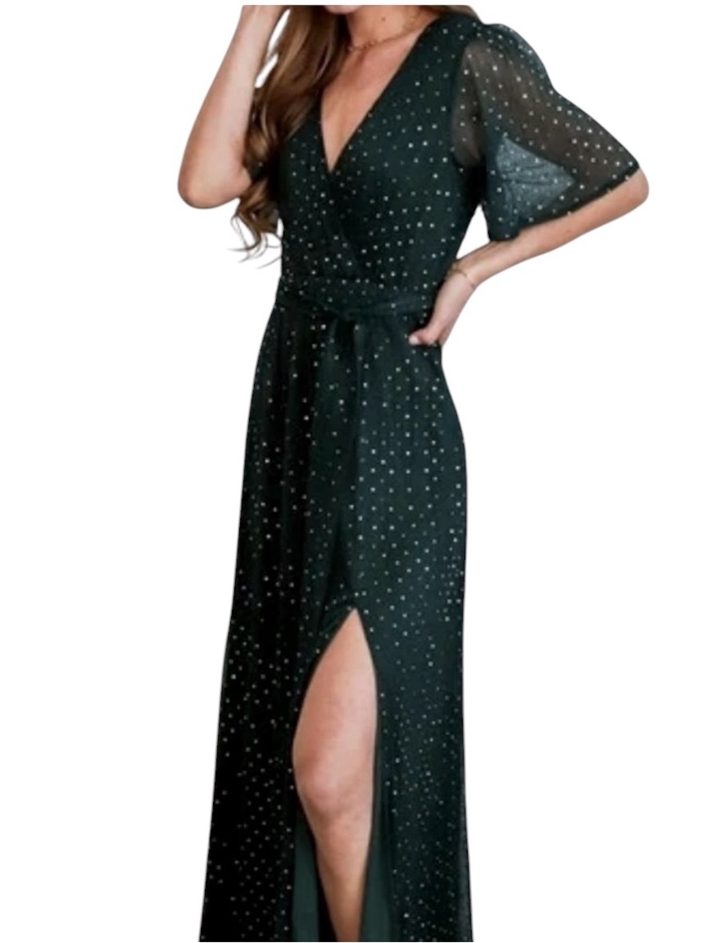 Baltic Born Dark Green Sparkle Maxi Tie Waist Dress size large holiday party